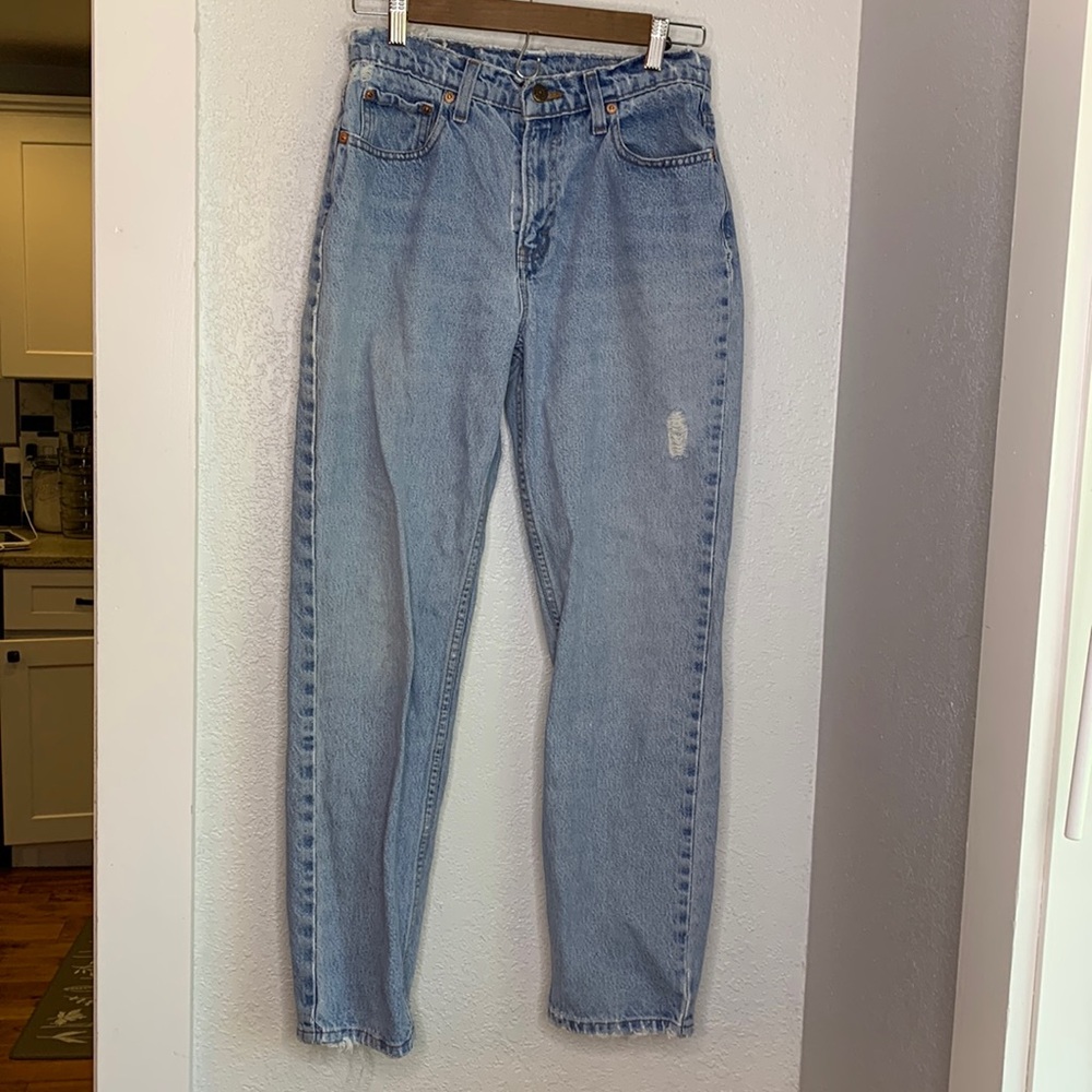 Vintage Jordache High Rise Mom Jeans Distressed Raw Hem Light Wash Size 9/10